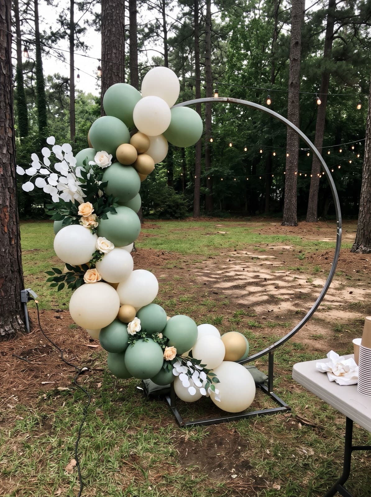 Balloon hoop backdrop with florals on a lawn