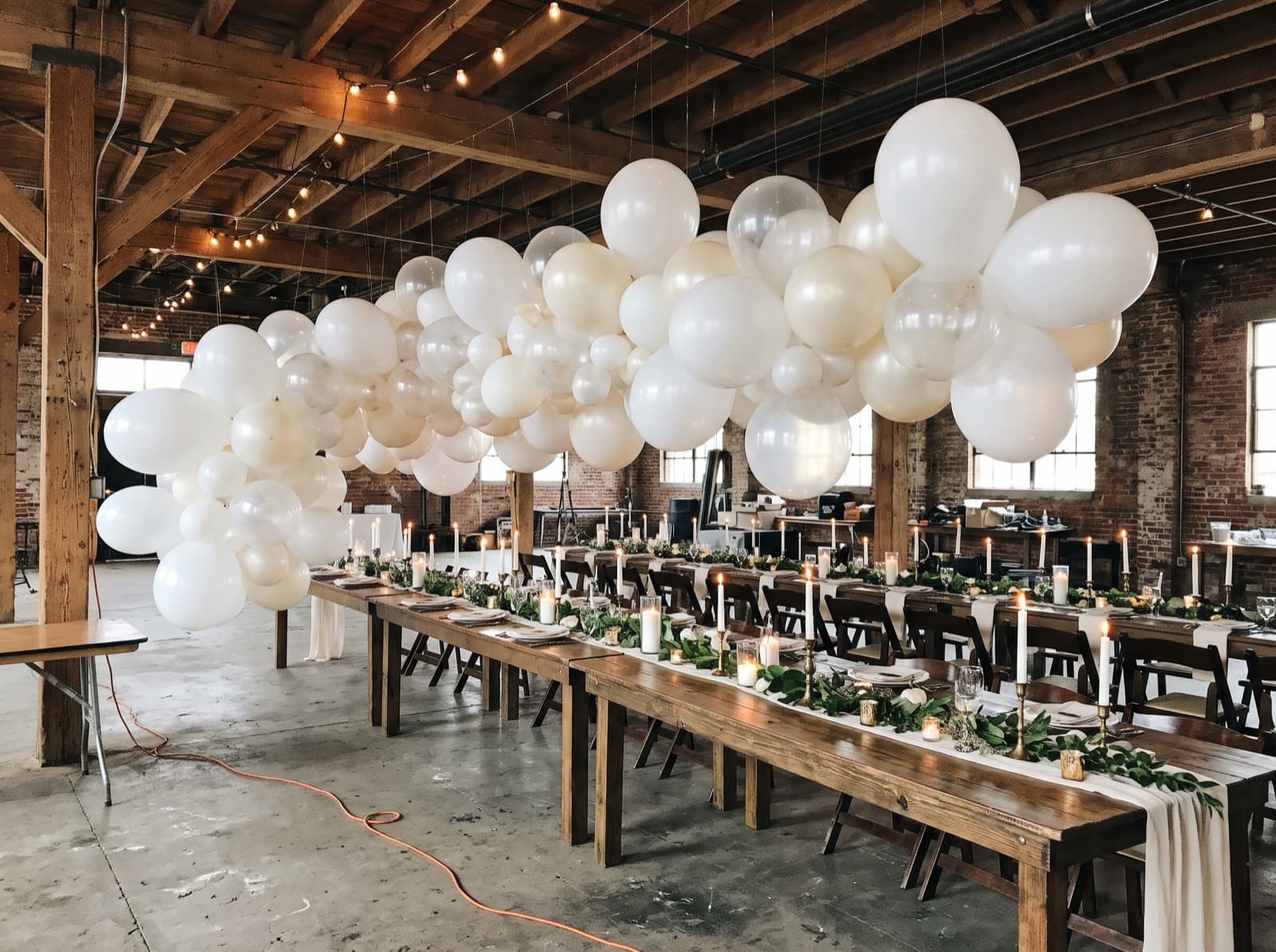 Balloon cloud over a long reception table