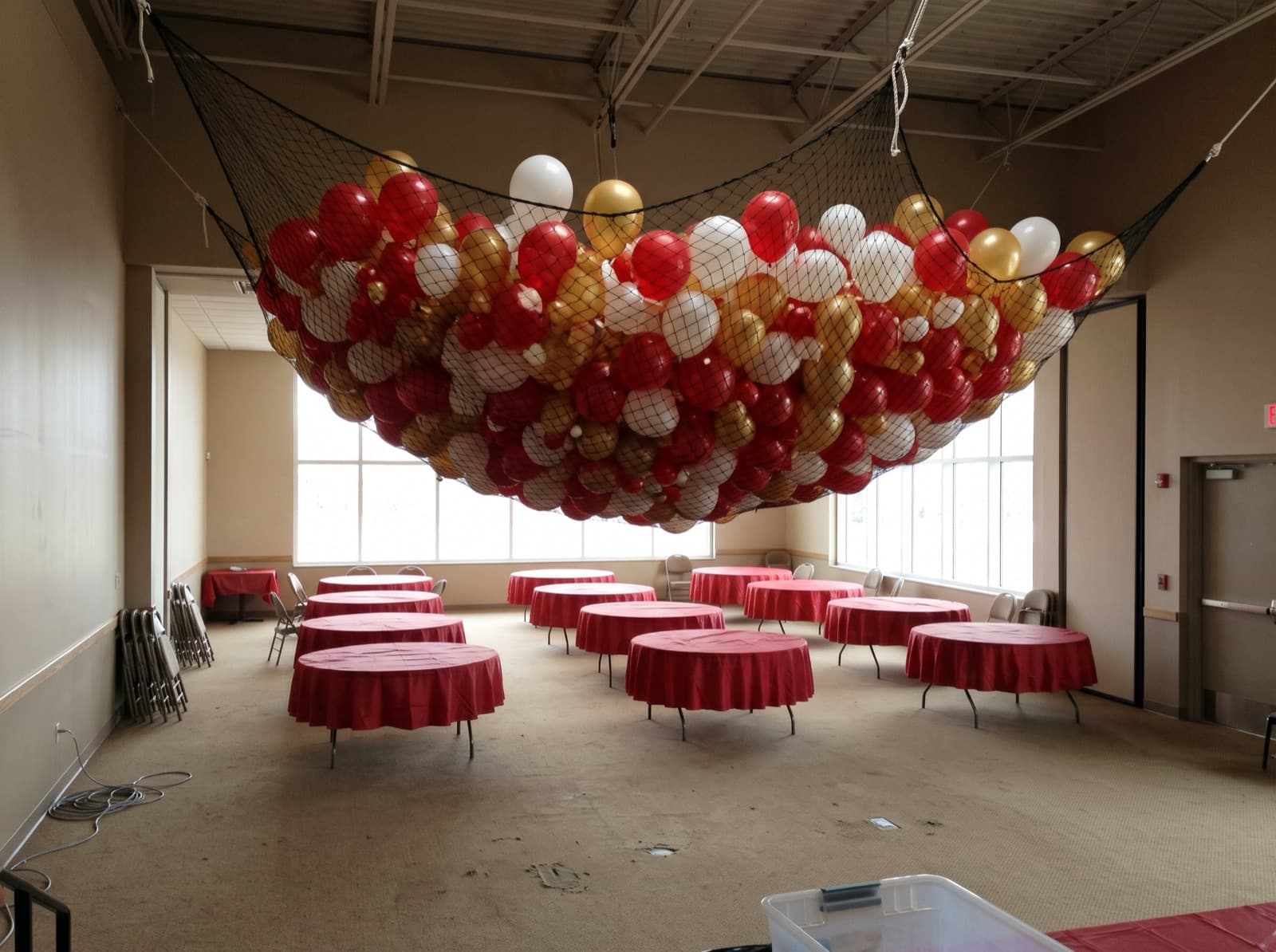 Balloon drop net overhead before a party