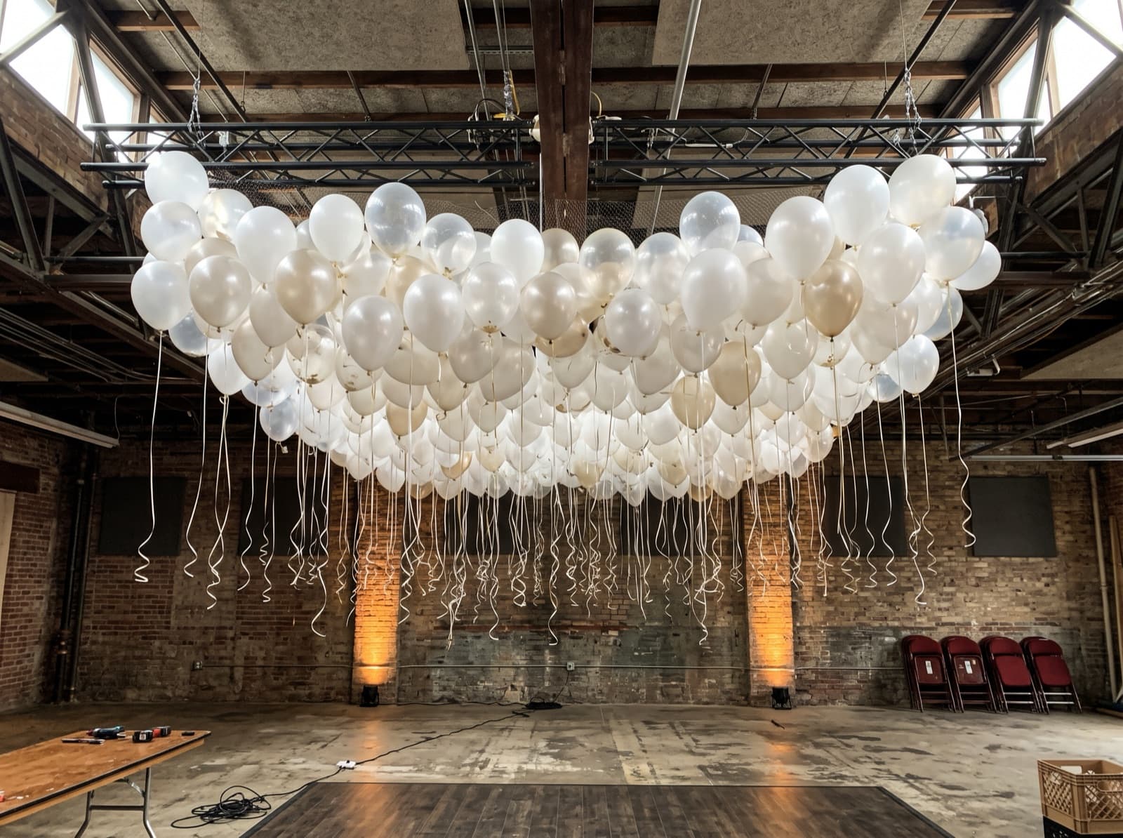 Balloon ceiling of white, clear and champagne balloons above a dance floor in an Atlanta warehouse venue