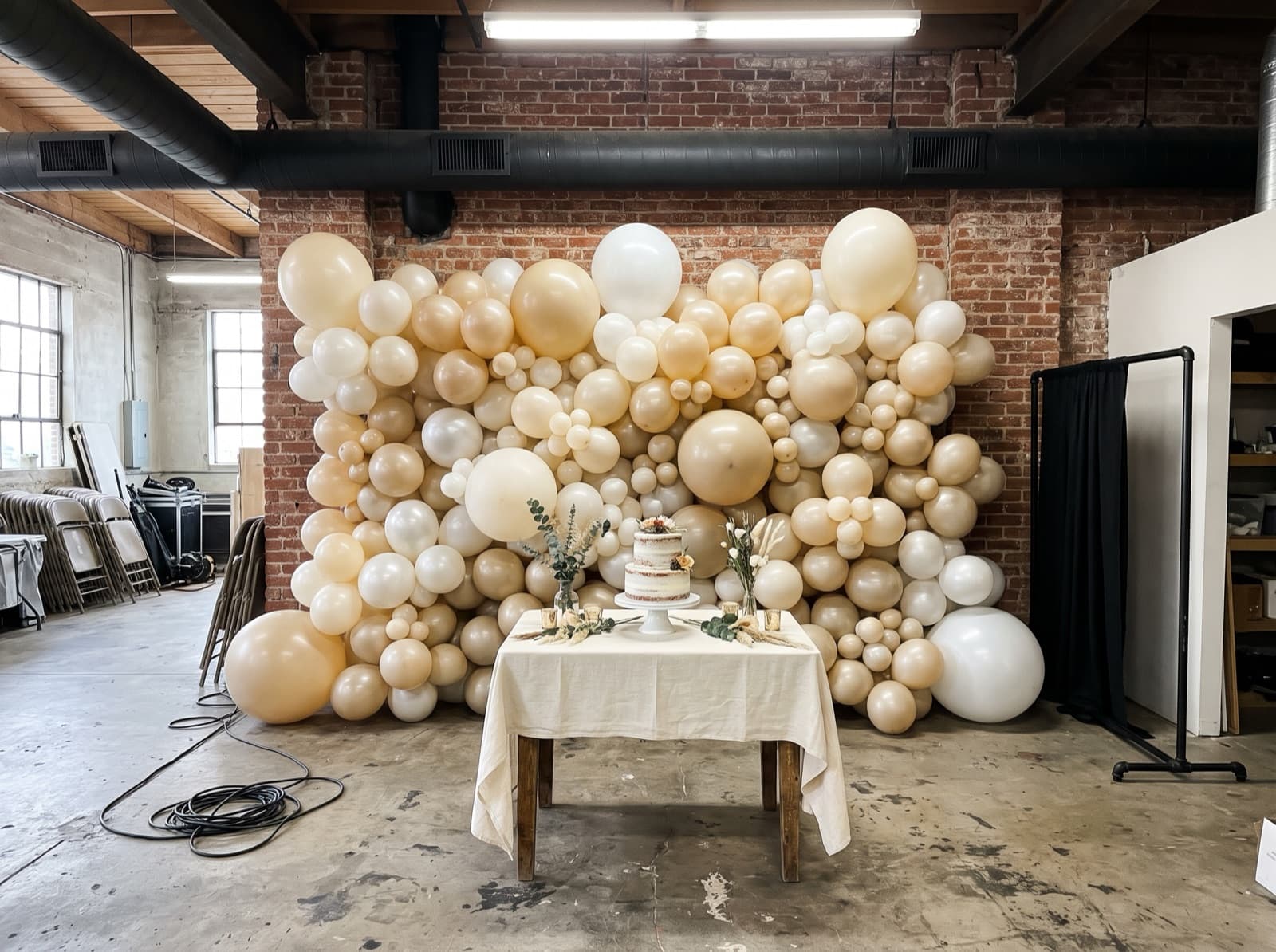 Organic balloon wall in ivory, champagne and pearl behind a cake table at an Atlanta event space