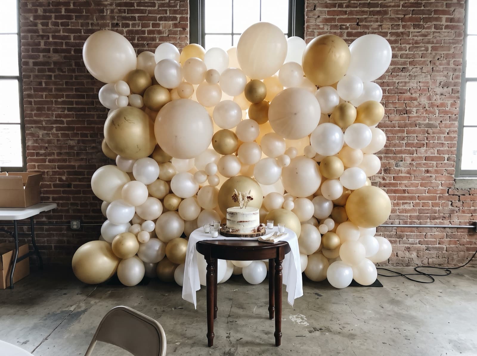 Organic balloon wall in ivory, pearl and gold